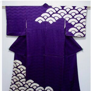 Silk Formal HOUMONGI SEIGAIHA WAVE Purple White Japanese Festival Kimono Robe